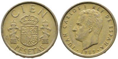 Испания 100 песет 1989 Хуан Карлос I (1975-2014) KM 826 алюминиевая бронза 85-335