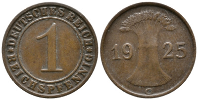 ГЕРМАНИЯ 1 РЕЙХСПФЕННИГ 1925 G KM 37, J. 313 бронза 39-917