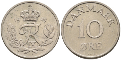 Дания 10 эре 1949 N. S, Фредерик IX (1947-1972) КМ 841.1 медно-никель    4169-166