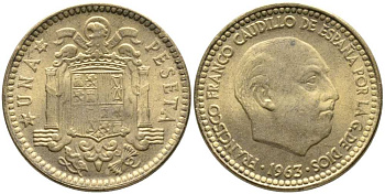 ИСПАНИЯ 1 ПЕСЕТА 1963 (65) ФРАНСИСКО ФРАНКО ДИКТАТОР ИСПАНИИ (1939-1975) KM 775 алюминиевая бронза 110-1144