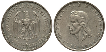 Германия 2 рейхсмарки 1934 F, 175 лет со дня рождения Фридриха Шиллера J. 358, KM 84 серебро UNC 00-804-41