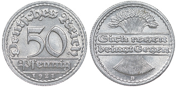 Германия 50 пфеннигов 1921 D KM 27, J. 301 алюминий aUNC 4114-843
