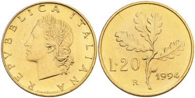 Италия 20 лир 1994 R, дубовый лист KM 97.2 алюминиевая бронза  UNC  4594-911