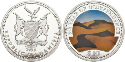 Намибия 10 долларов 1995 5-я годовщина независимости, барханы, цветная эмаль, тираж 10000 экз. KM 8 серебро PROOF 00-000-00
