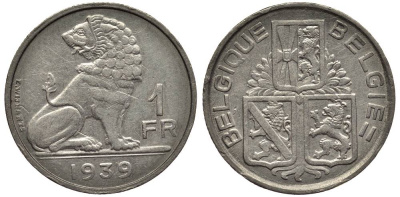 Бельгия 1 франк 1939 Леопольд III (1934-1950), Belgique-Belgie, лев KM 119 никель 27-957