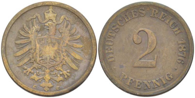 Германия 2 пфеннига 1876 C, старогербовка KM 2, Jager 2, Weege 3 медь 212-635