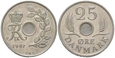 Дания 25 эре 1967 С; S, Фредерик IX (1947-1972) KM 850 медно-никель 4619-552