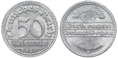 Германия 50 пфеннигов 1921 D KM 27, J. 301 алюминий aUNC 4114-843