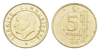 Турция 5 курушей 2013 Кемаль Ататюрк KM 1240 медь цинк никель 4647-542