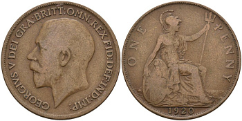 Великобритания 1 пенни 1920 Георг V (1910-1936) KM 810, Spink 4051 бронза 4572-1242