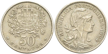 Португалия 50 сентаво 1964 голова Свободы вправо KM 577 медно-никель 4513-1221