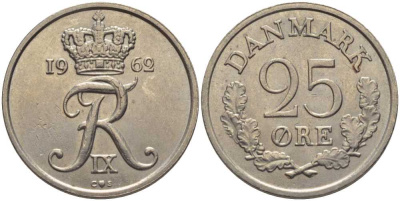 ДАНИЯ 25 ЭРЕ 1962 С;S, ФРЕДЕРИК IX (1947-1972) KM 850 медно-никель 202-727