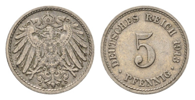 Германия 5 пфеннигов 1913 A KM 11, J. 12 медно-никель 4696-649