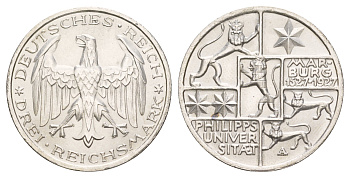 Германия 3 рейхсмарки 1927 400 лет Марбургскому университету имени Филиппа KM 53 серебро UNC 00-902-17