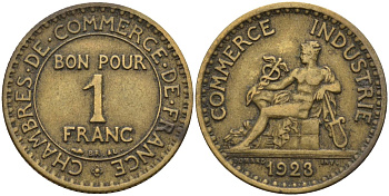 Франция 1 франк 1923 KM 876, Le Franc 218.5 алюминиевая бронза 4142-717
