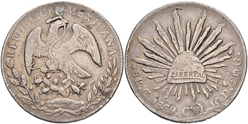 Мексика 8 реалов 1869 Mo-СH, реставрация отверстия на "6" часов KM 377.10 серебро 4578-215