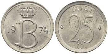 БЕЛЬГИЯ 25 САНТИМОВ 1974 BELGIE, БОДУЭН I (1951-1993) KM 154.1 медно-никель 116-958