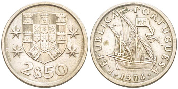 ПОРТУГАЛИЯ 2,5 ЭСКУДО 1974 ПАРУСНИК KM 590 медно-никель 4513-1144