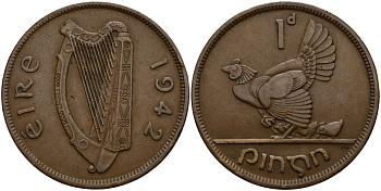 Ирландия 1 пенни 1942 курица с цыплятами KM 11 бронза 4157-1112