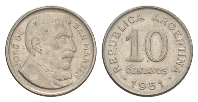 Аргентина 10 сентаво 1951 KM 47 медно-никель 4636-315