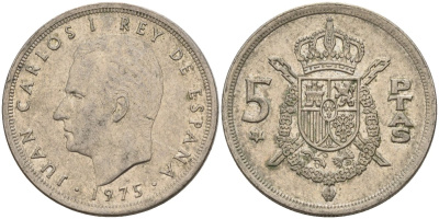 Испания 5 песет 1975 (76) Хуан Карлос I (1975-2014) KM 807 медно-никель 4155-621