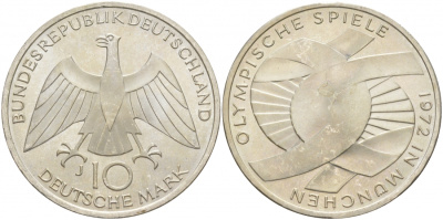 ФРГ 10 марок 1972 J, XX летние Олимпийские игры 1972 года в Мюнхене, символика KM 131, J.402 серебро UNC 69-923