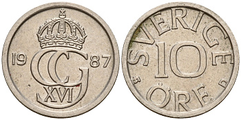 Швеция 10 эре 1987 Карл XVI Густав (1973- ) KM 850 медно-никель 4598-1229