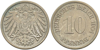 ГЕРМАНИЯ 10 ПФЕННИГОВ 1904 F KM 12, Jager 13, Weege 8 медно-никель 219-111