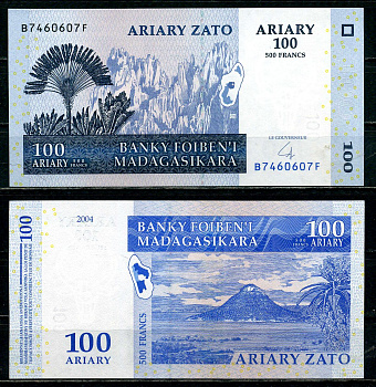 Мадагаскар 100 ариари (500 франков) 2004 заповедник, пейзаж с вулканом Pick 86 b бумага UNC (пресс) 2119-41-1-2