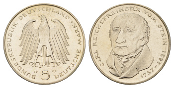 ФРГ 5 марок 1981 G, 150 лет со дня смерти Карла фон Штейна KM 155, J. 430 медно-никель плакированный никелем UNC 4680-215
