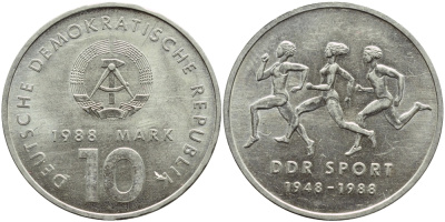 ГДР 10 марок 1988 A, 40 лет союзу физкультуры и спорта ГДР KM 125, J. 1623 медно-никель UNC 4394-323