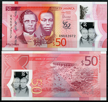 Ямайка 50 долларов 2022 60-я годовщина независимости, Джордж Вильям Гордон, Пол Богл, пляж Pick 96  пластик  UNC (пресс) 447-129-1