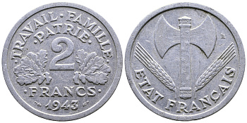 Франция 2 франка 1943 правительство Виши KM 904.1 алюминий 08-1242