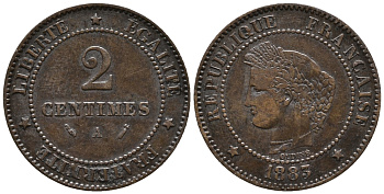 ФРАНЦИЯ 2 САНТИМА 1883 А KM 827.1 бронза 66-135