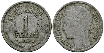 Франция 1 франк 1945 Без отметки монетного двора KM 885a алюминий 4577-627