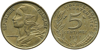 ФРАНЦИЯ 5 САНТИМОВ 1972 ТИП MARIANNE KM 933 медь алюминий никель 261-519