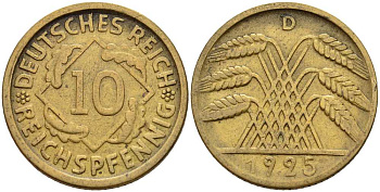 ГЕРМАНИЯ 10 РЕЙХСПФЕННИГОВ 1924 D KM 40, J. 317 алюминиевая бронза 4401-417