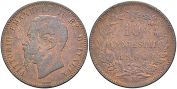 ИТАЛИЯ 10 ЧЕНТЕЗИМО 1866 N, МОНДВОР НЕАПОЛЬ, ВИКТОР ЭММАНУИЛ II (1861-1878) KM 11.4 медь 4526-824
