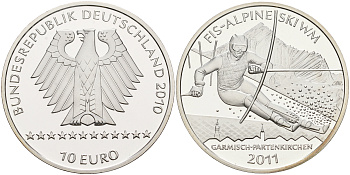 ФРГ 10 евро 2010 А, Чемпионат мира по горнолыжному спорту 2011 года в Гармиш-Партенкирхене KM 298, DE.S. 10.50 серебро PROOF 1076-4-25