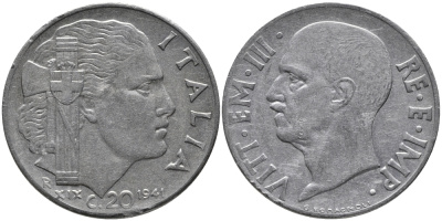 ИТАЛИЯ 20 ЧЕНТЕЗИМО 1941 R, ВИКТОР ИМАНУИЛ, XXII ГОД, МАГНИТНАЯ KM 75b нержавеющая сталь 86-1123