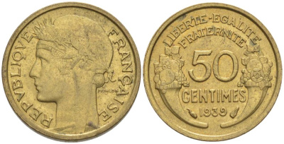 ФРАНЦИЯ 50 САНТИМОВ 1939 ТИП MORLON KM 894.1, LE FRANC 192.15 алюминиевая бронза 44-818