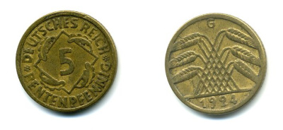 ГЕРМАНИЯ 5 РЕНТПФЕННИГОВ 1924 G J. 308, KM 32 алюминиевая бронза 46-2056