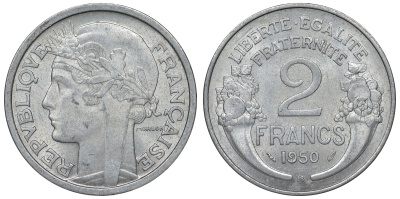 Франция 2 франка 1950 В KM 886а.2, Le Franc 269.17 алюминий 4123-412