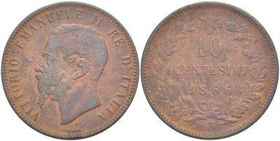 ИТАЛИЯ 10 ЧЕНТЕЗИМО 1866 N, МОНДВОР НЕАПОЛЬ, ВИКТОР ЭММАНУИЛ II (1861-1878) KM 11.4 медь 4526-824