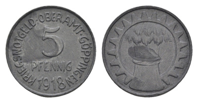 Геппинген 5 пфеннигов 1918 Funck 163.1, Men05 9198.1, Men18 11532.1 цинк 4516-1034