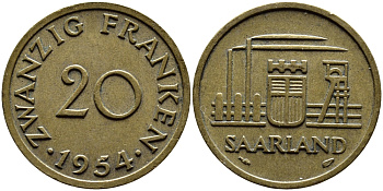 Саарланд 20 франков 1954 индустрия KM 2 алюминиевая бронза 4364-2655