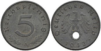 Германия 5 рейхспфеннигов 1942 A, монетный двор Берлин KM 100, J. 370 цинк 186-757