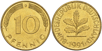 ФРГ 10 пфеннигов 1991 D KM 108, J. 383 сталь плакированная латунью 4175-957