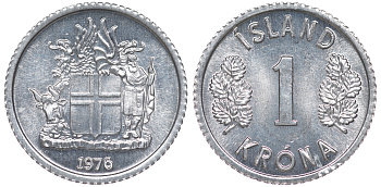 Исландия 1 крона 1976 KM 23 алюминий UNC 4596-222