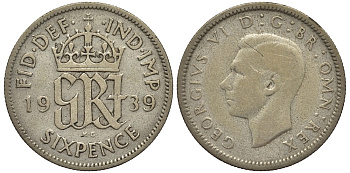 Великобритания 6 пенсов 1939 Георг VI (1936-1952) KM 852, Spink 4084 серебро 4538-436